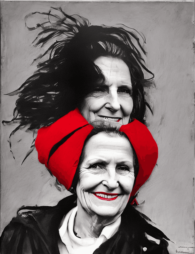 AI generated: vieille femme, souriant, seule, belle, rassurante, embonpoint, photographie noir et blanc détaillée,...