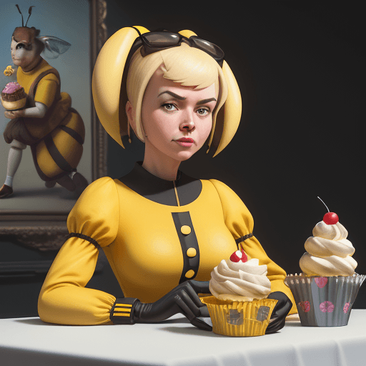 AI generated:  3d model of a cartoon bee in yellow outfit holding a cupcake, in the style of ilya kuvshinov, seth ...