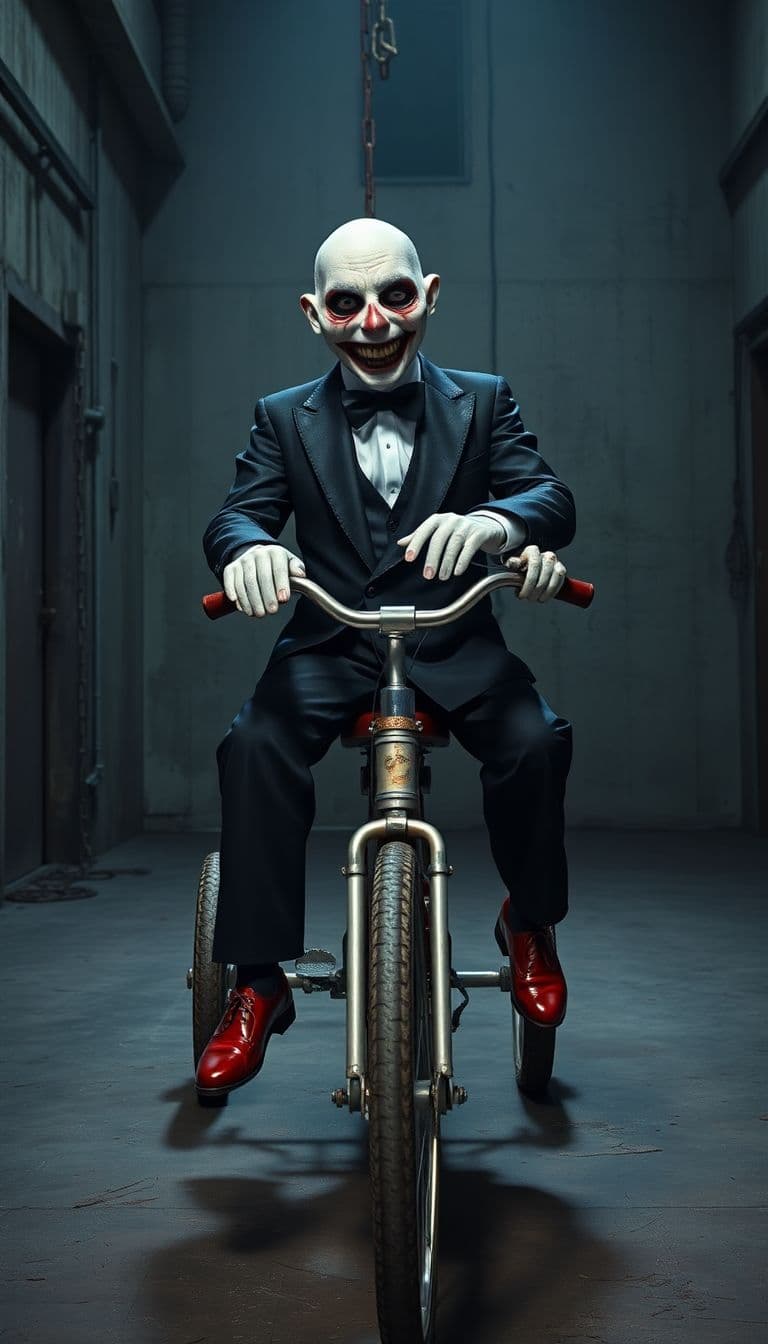 AI generated: « Epic, photorealistic full-body shot of Billy, Jigsaw’s puppet from Saw, seated ominously on an old...