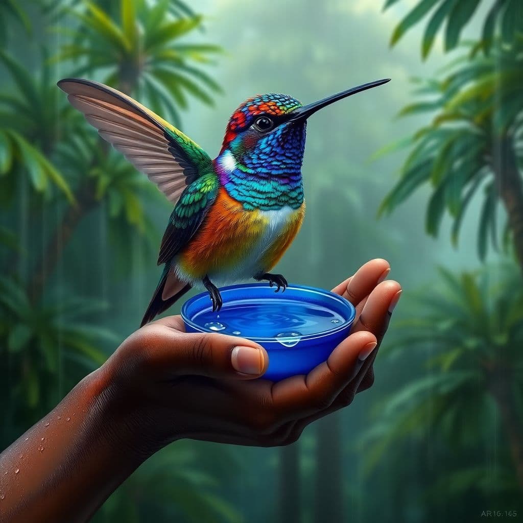 AI generated: A hyperrealistic painting of a vibrant kolibri (hummingbird), its iridescent feathers shimmering wit...