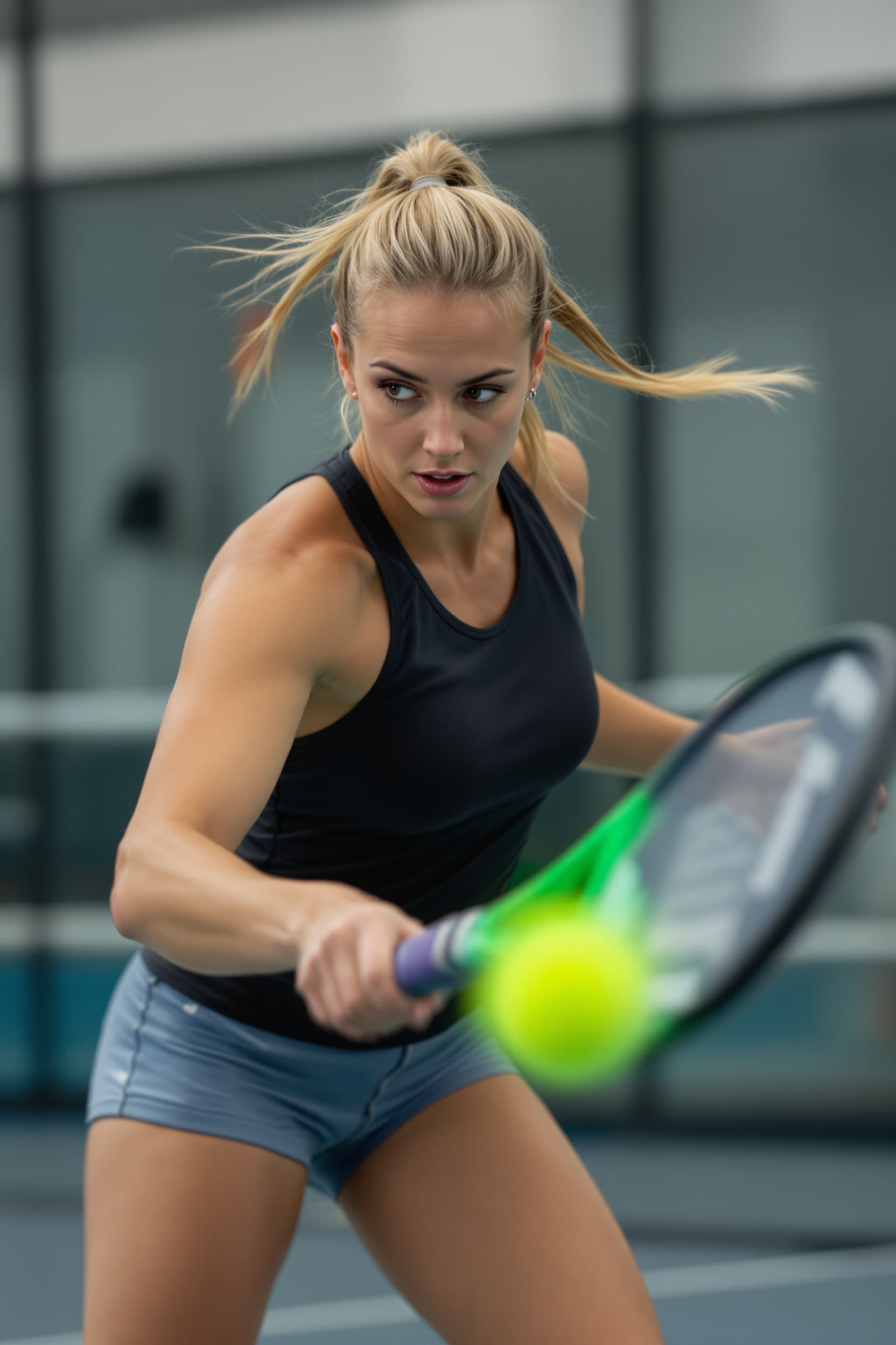 AI generated: A beautiful 30-year-old blonde woman, hair in a ponytail, playing padel ball in an indoor padel cour...