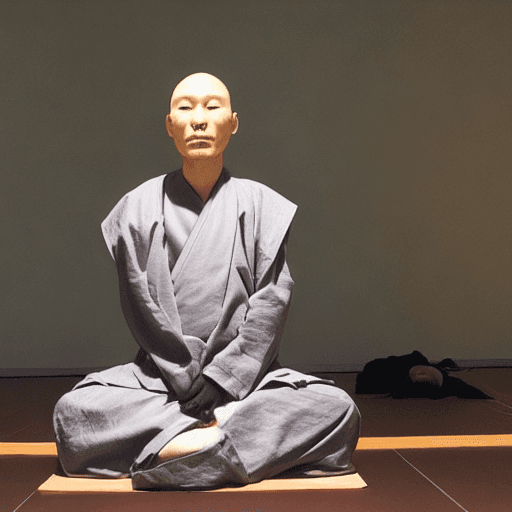 AI generated: AI cyborg sitting in a zazen sitting position