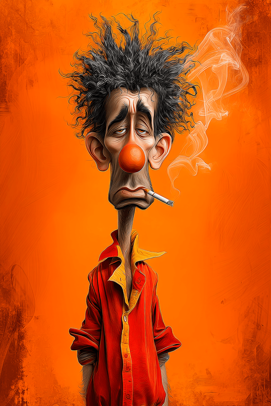 AI generated: funny caricature, disheveled clown character, male, 45 years old, messy, grumpy, tired, exaggerated ...