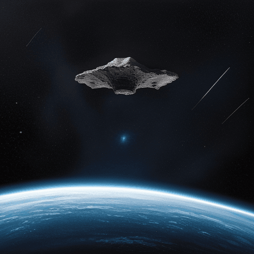AI generated: alien spacecraft flying through asteroid field::1 detailed painting of outer space::1 small spaceshi...