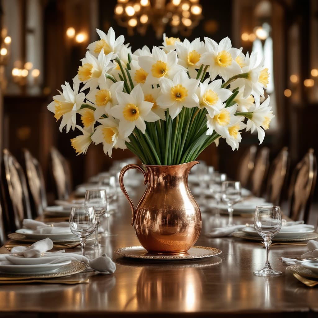 AI generated: A Copper pitcher vase full of (( white daffodils )) sit on top of a grand table with 8 place setting...