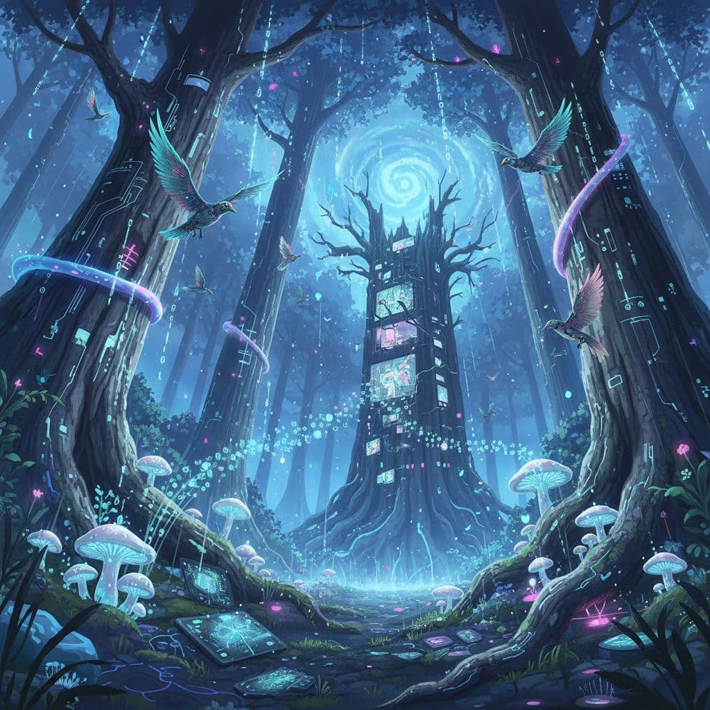 AI generated: A dense, bioluminescent forest where towering trees with circuitry-patterned bark pierce a perpetual...