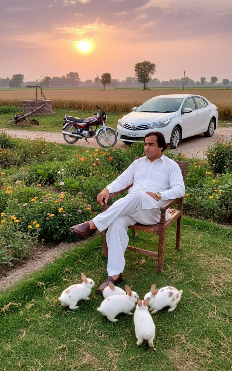 AI generated: A ultra Realistic man Sitting on chair in green
garden very big, Wearing White Punjabi clothes
wit...