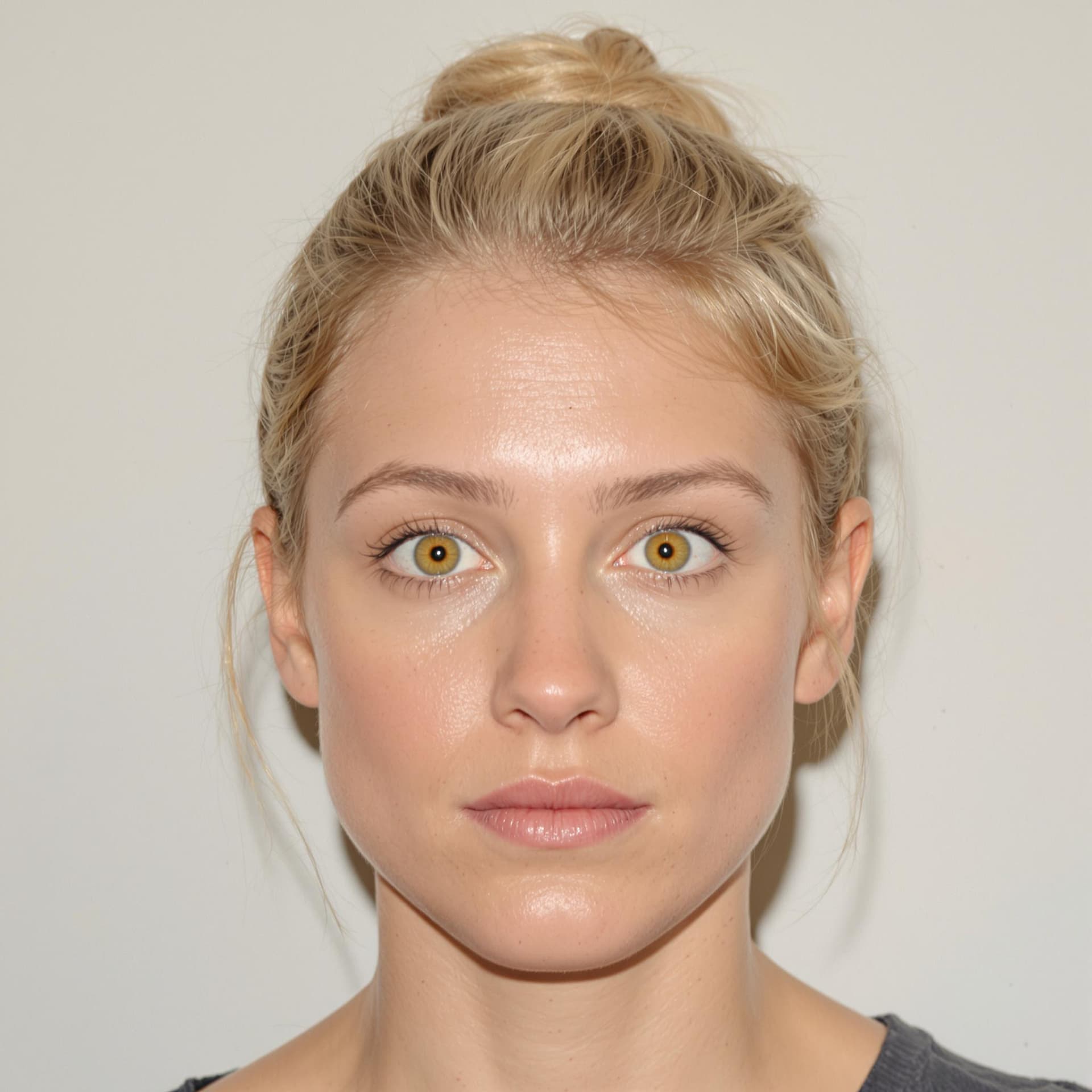 AI generated: A Real photograph of a blond women in her 20s, her hair is short with a small bun. She has yellow ey...
