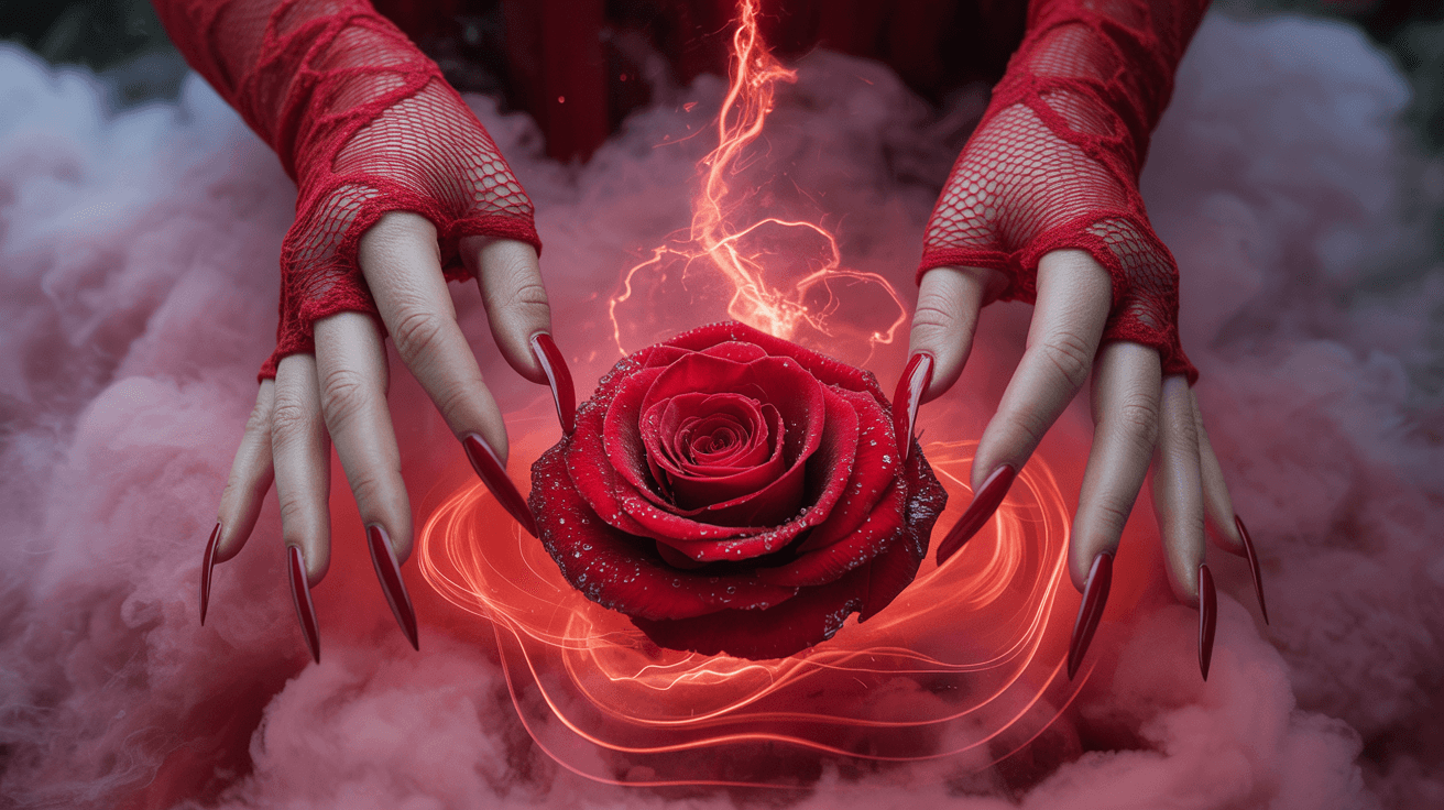 AI generated: Ultra-detailed cinematic extreme close-up of feminine hands conjuring a living, magical crimson fire...