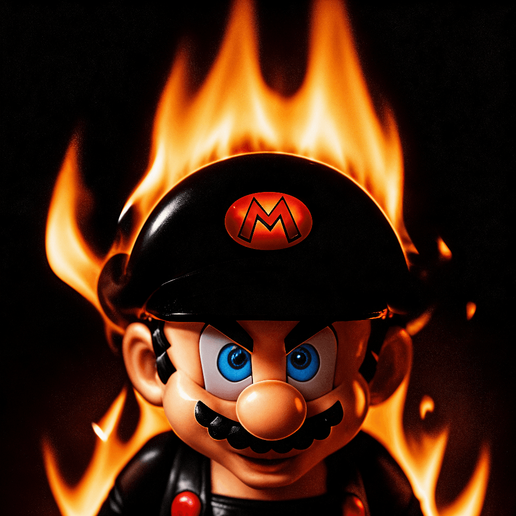 AI generated: photo of a burning in fire mario  black goth  style