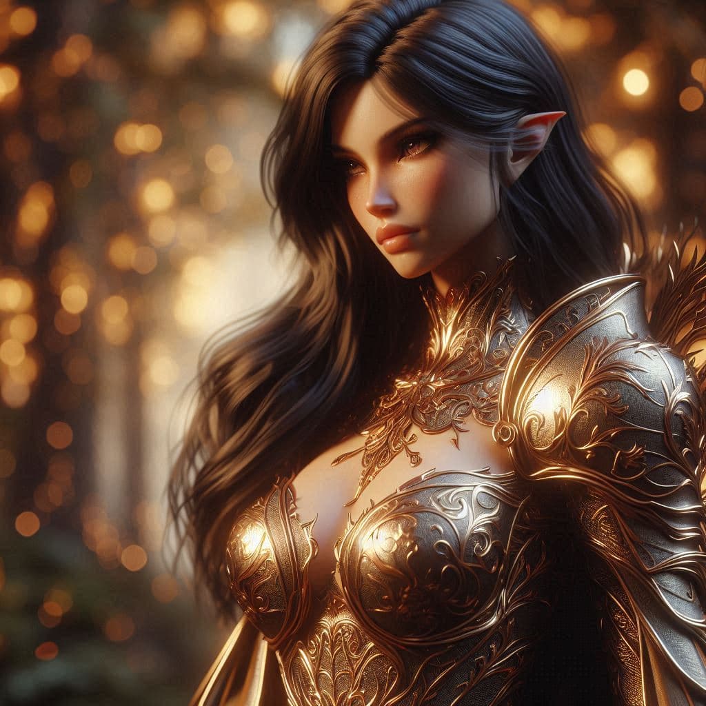 AI generated: A stunning 3D character dressed in armor adorned with intricate golden patterns, her skin smooth and...