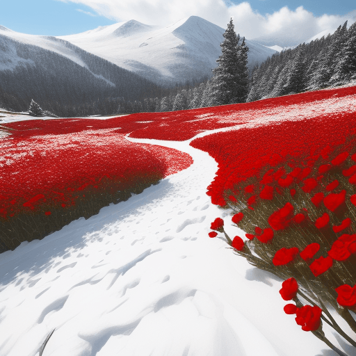 AI generated: Snow scenery, red flowers blooming