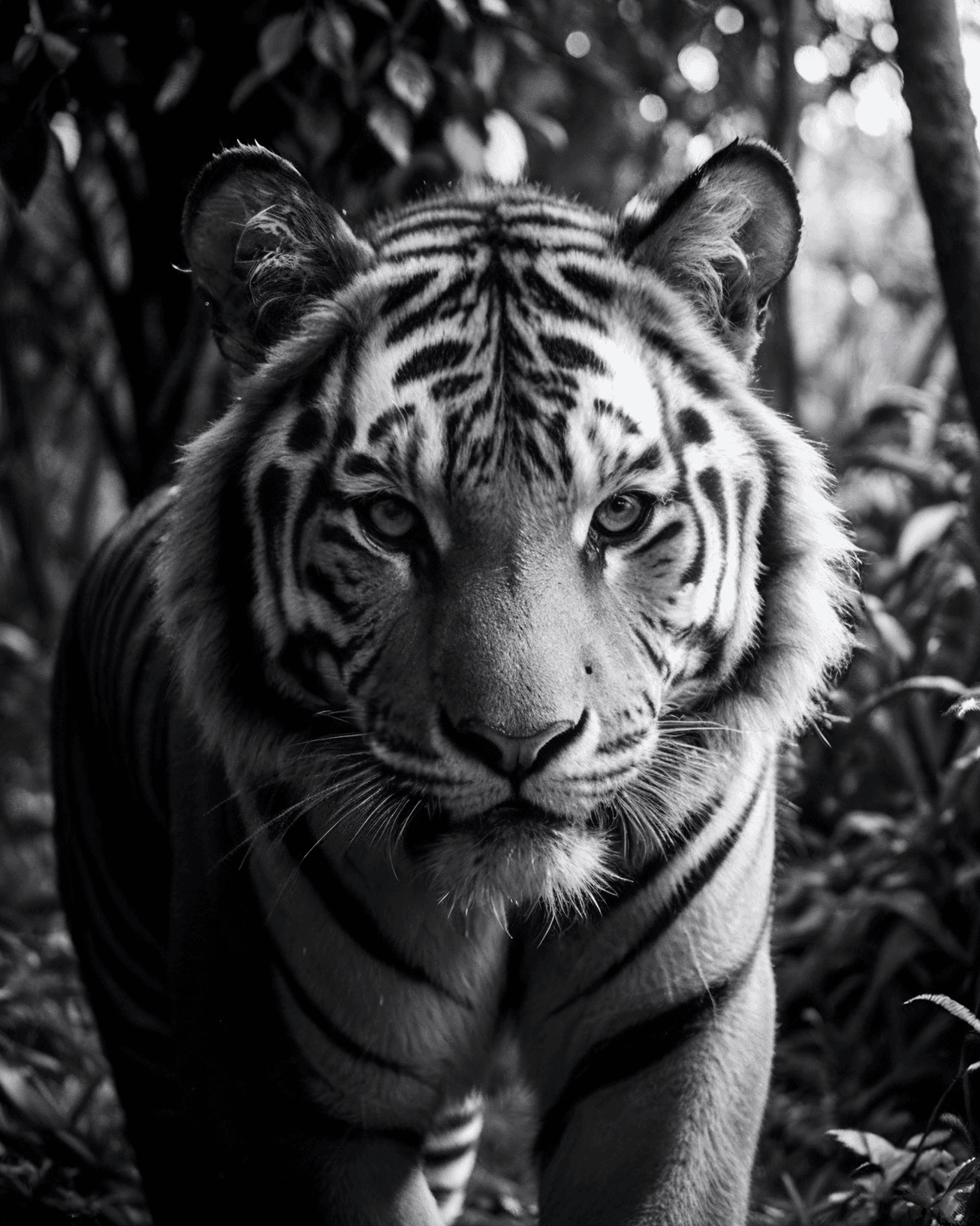 AI generated: (Laurent Baheux:1.4), portrait of a tiger in a jungle (looking at camera:1.4), professional photo, b...
