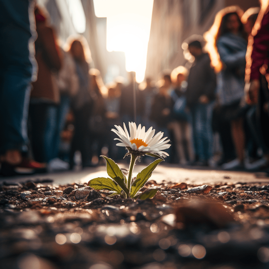 AI generated: close-up photo of a tiny daisy breaking through conscrete on a crowded street