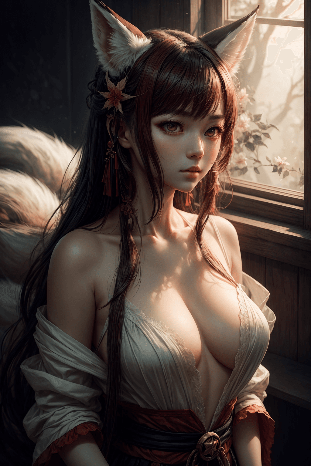 AI generated: fluffy nine-tailed fox girl by Wlop and Guweiz, Hyper-realistic, photography, real, professional, 8k...