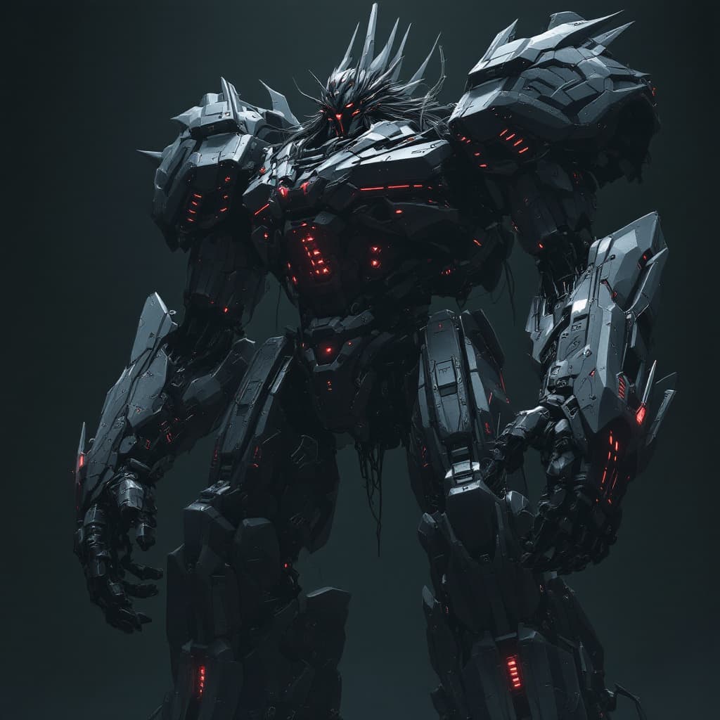 AI generated: Gigantic mecha boy, full body, against a dark background lit with red lights, beautiful detailed fac...
