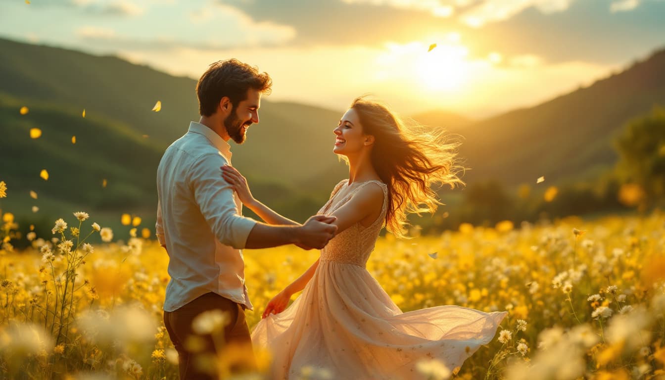 AI generated:  A couple dancing joyfully in a golden field of wildflowers at sunset, petals drifting in the breeze...