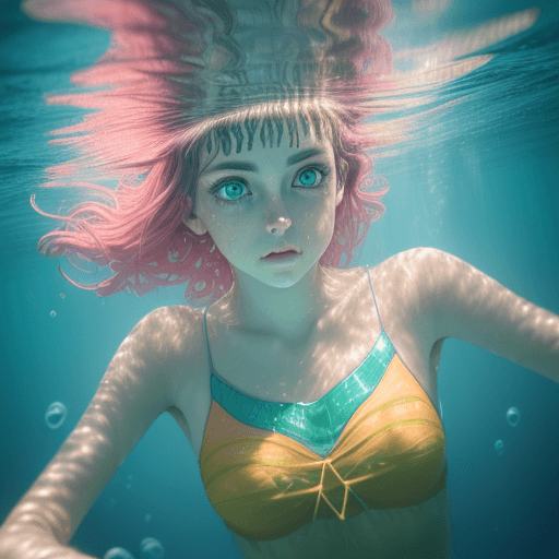 AI generated: A beautiful girl with big green eyes and long eyelashes is swimming underwater. The water around her...