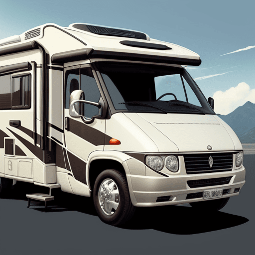 AI generated: Illustrate the Benimar Tesoro 463 motorhome with distinct cartoon features. The front of the motorho...