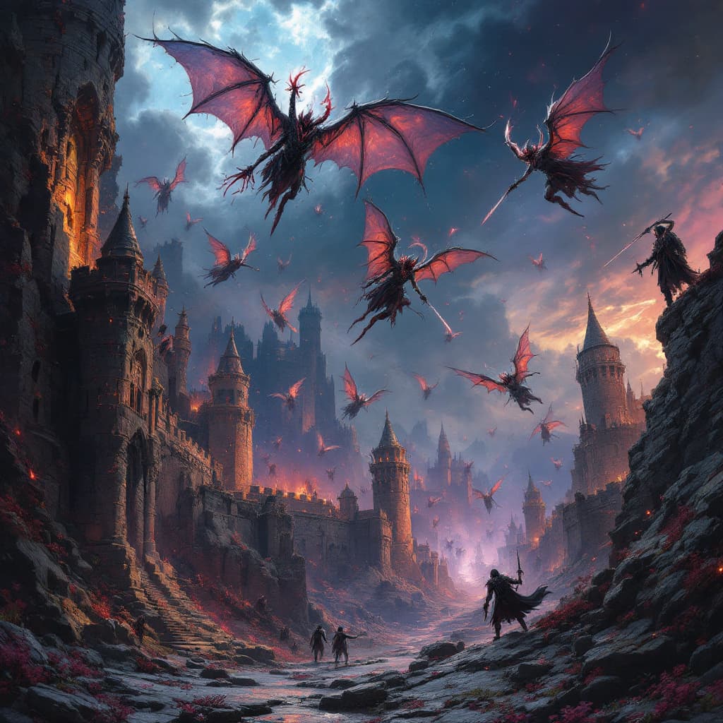 AI generated: Demon slayers falling down into the Infinity Castle