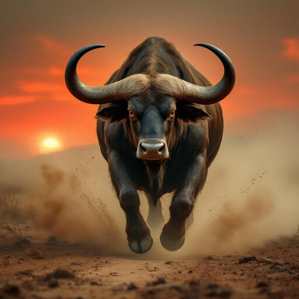 AI generated: A massive bull like beast with two enormous curling horns, dust kicking up as it charges across a dr...