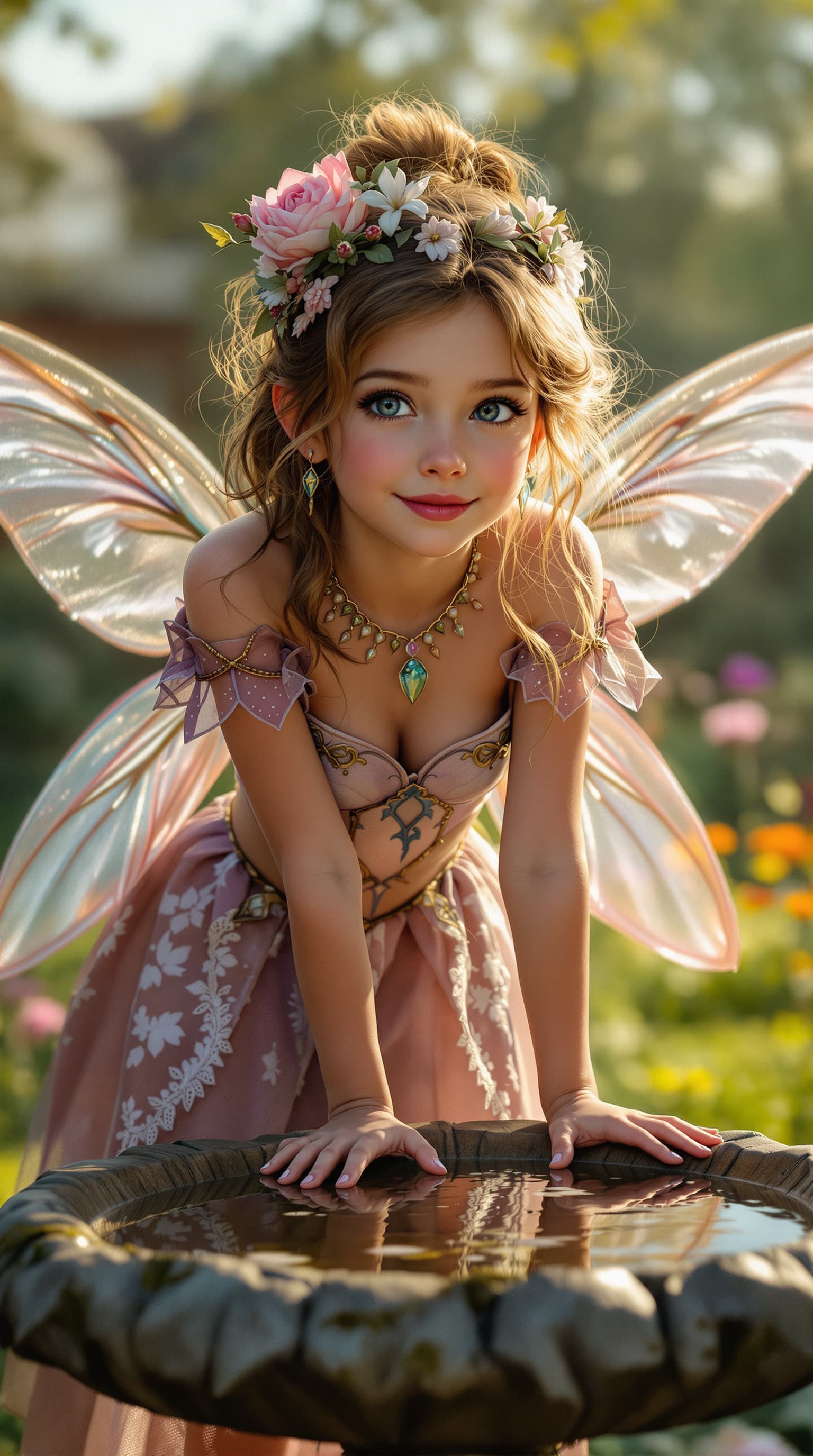 AI generated: A hyper-realistic depiction of a ten year old Evie Templeton dressed in the style of a fairy, Standi...