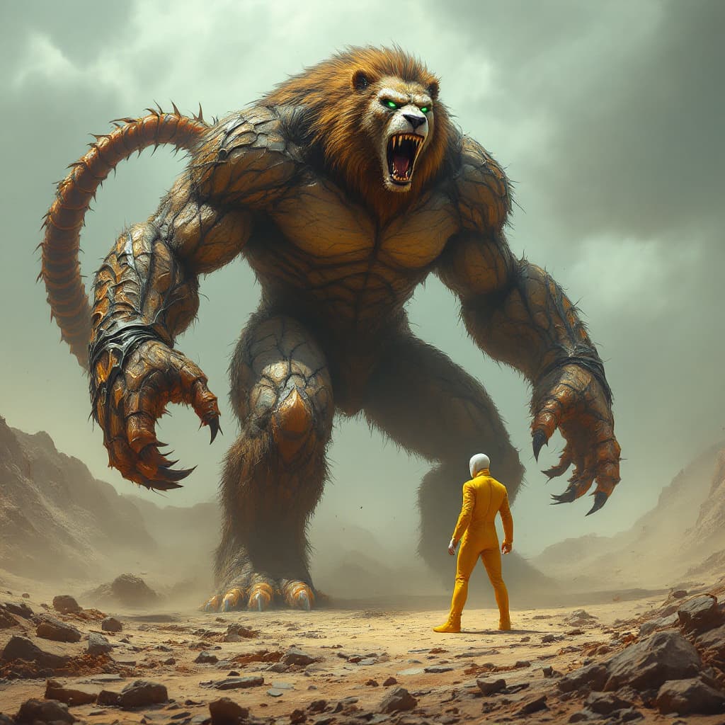 AI generated: In the midst of a vast, desolate battlefield, our hero in a striking yellow suit stands tall, facing...