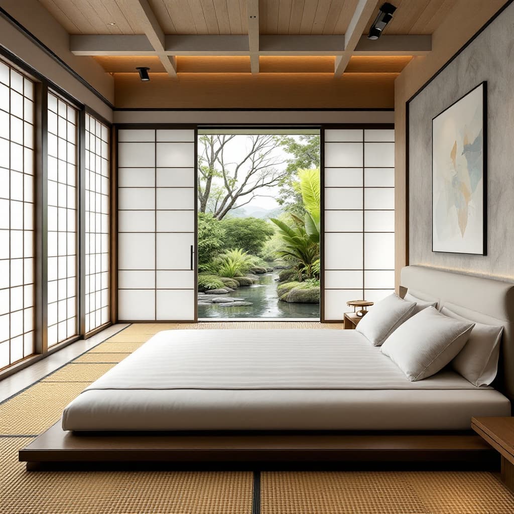 AI generated: a luxury home where there is traditionnal tatami bedroom with a futon mattress no bed

