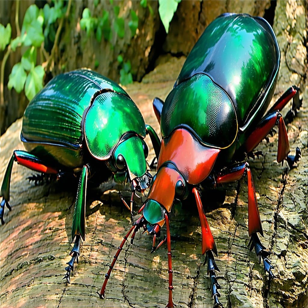 AI generated: Two giant scarab beetles one emerald green with red legs the other Red with green legs ready to atta...