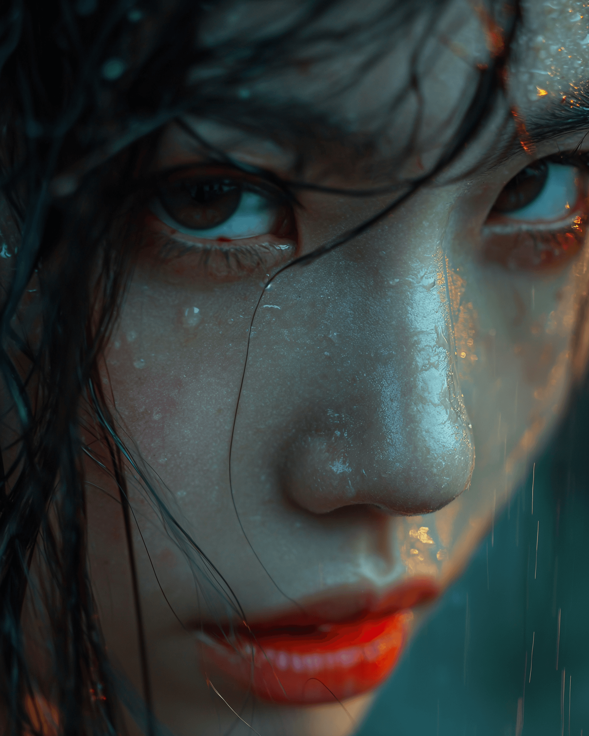 AI generated: dramatic shot green eye asian girl, wet hair, bloody, rainy, green yellow neons, big close up,