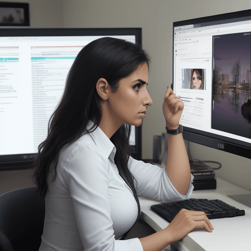 AI generated: High resolution photographyMujer sentada en la oficina y señalando el reloj mirando la pantalla de l...