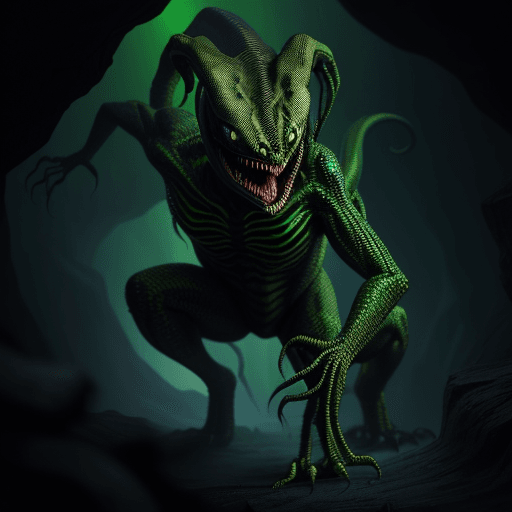 AI generated: Full body photo of a scary alien creature that looks like a lizard with venom coming out from its mo...