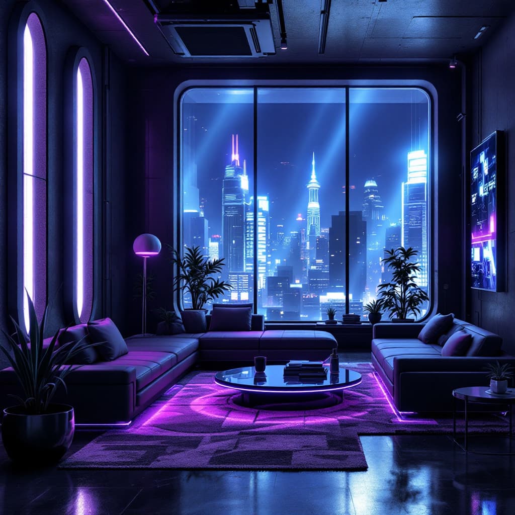 AI generated: cyberpunk living room There are windows on the left and right sides of the room, with view of a futu...