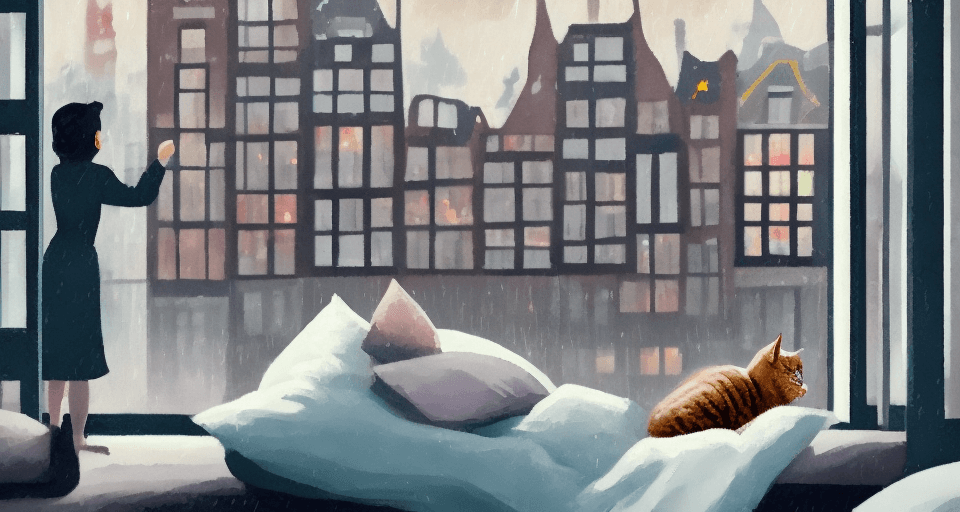 AI generated: a woman in bed laying looking out a window, rainy Amsterdam in the style of 2D game art, realistic c...