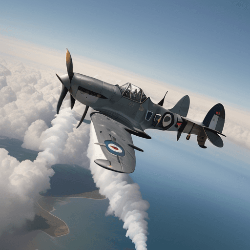 AI generated: Aerial Photography of a Supermarine Spitfire soaring through the cerulean sky, leaving a trail of wh...