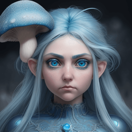 AI generated: blue eyes, ice crystals in hair, big eyes, blue hair, dynamic lighting, mushroom gnome, full body, i...