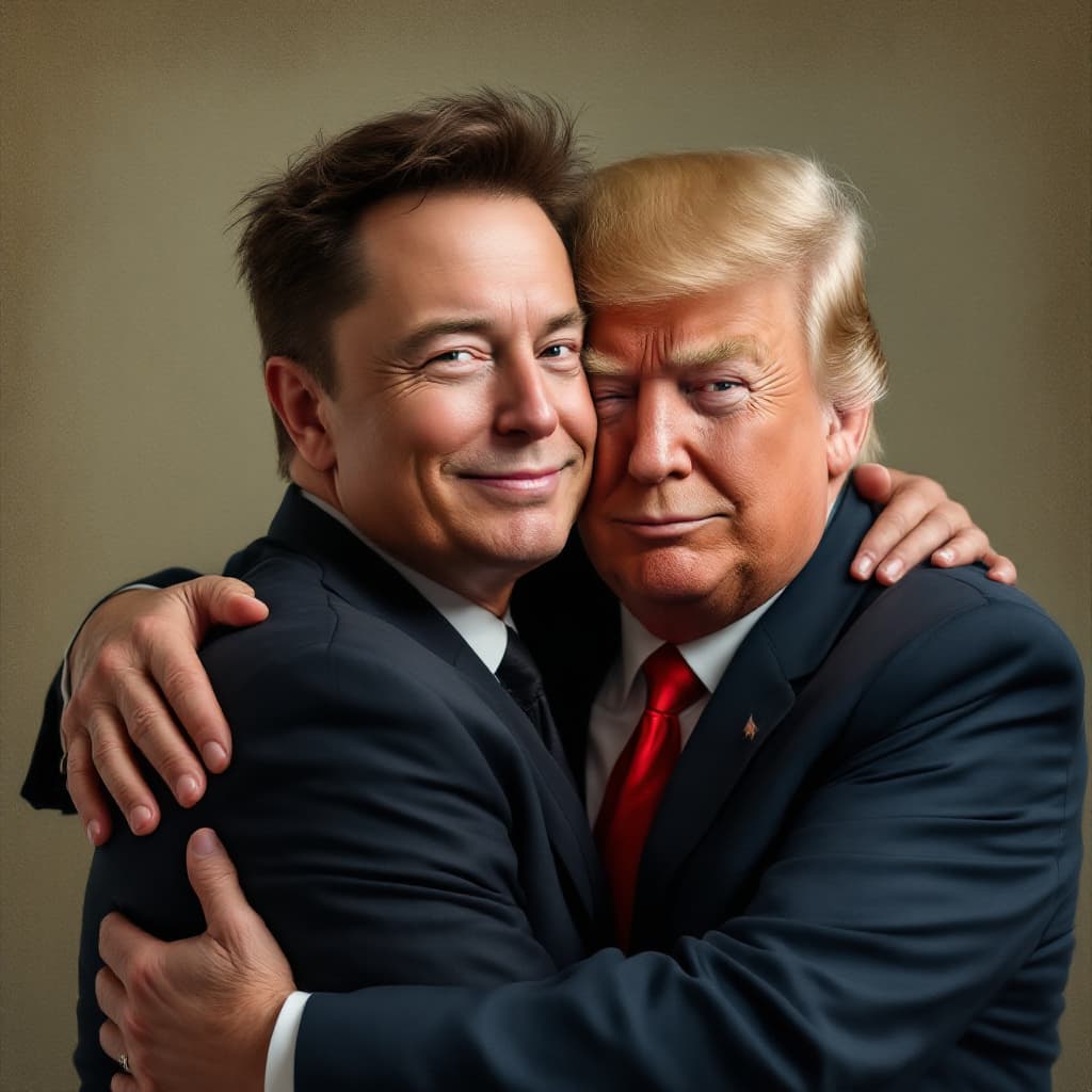 AI generated: Realistic portrait of a Elon Musk with Donald trump hugging confident expression, textured backgroun...