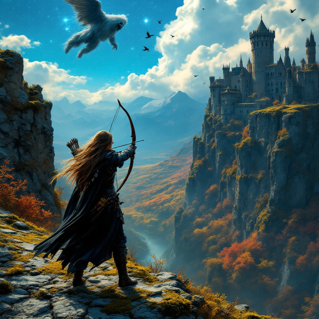 AI generated: The back of a medieval female warrior's head is tilted to the left at the shoulders as she aims her ...