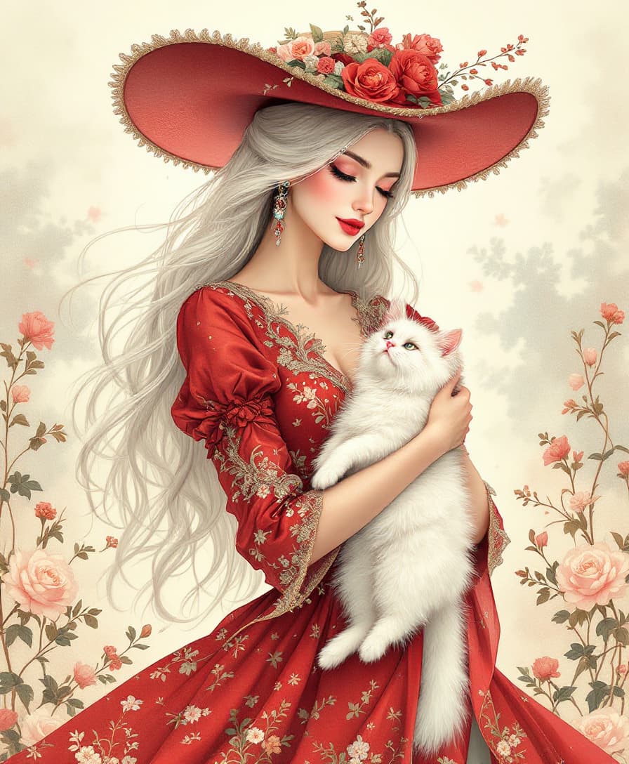 AI generated: Prompt A detailed and elegant illustration of a woman with long flowing white hair, wears a sophisti...