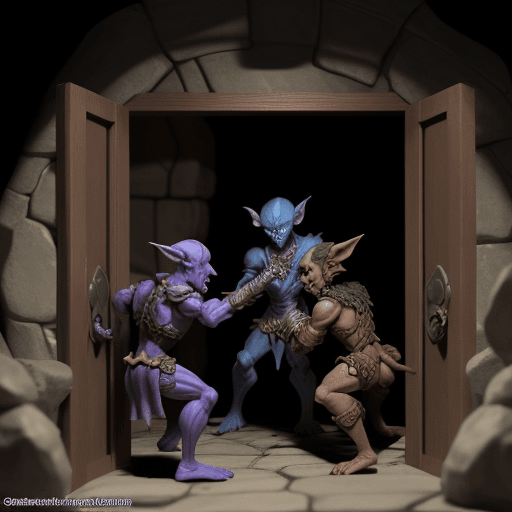 AI generated: Dark elf fights two goblins underground, in front of a closed door. Dungeons and Dragons style.