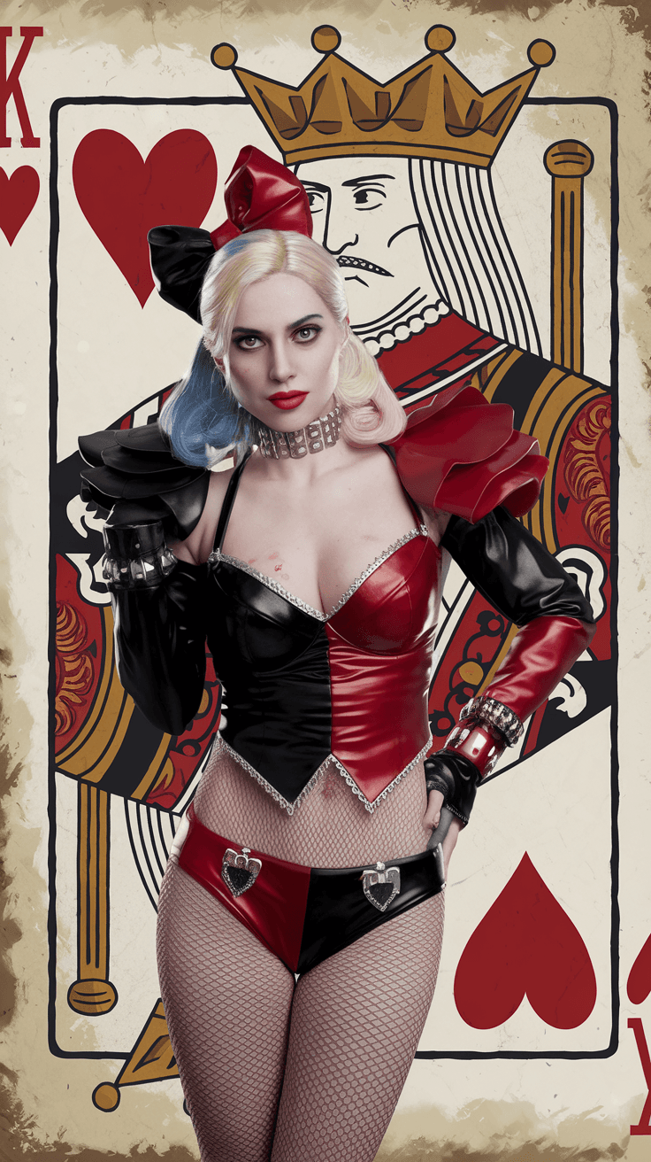 AI generated:  photo realism fictional character harley quin dressed like lady gaga fashion maner, in full shot vi...