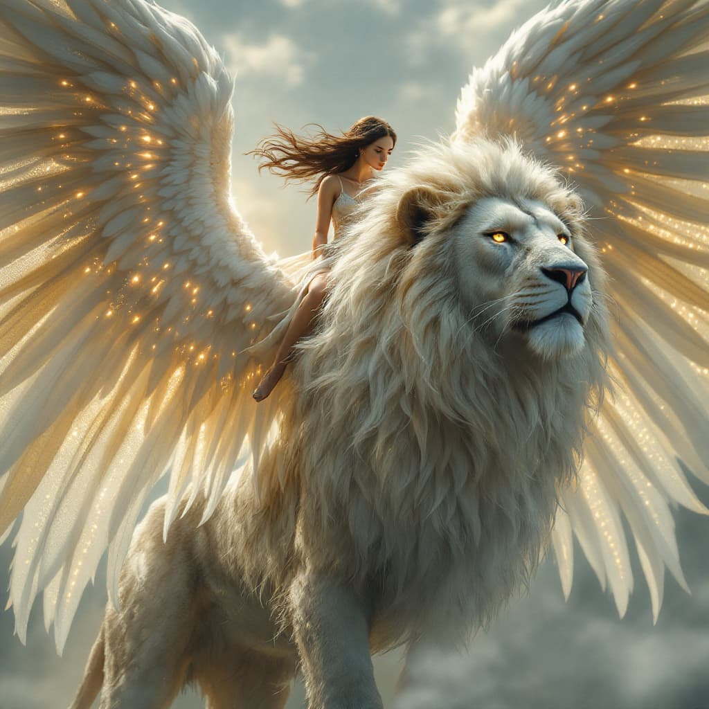 AI generated: A full body photo shot of an angelic mythical lion with outstretched feathery wings with glowing int...
