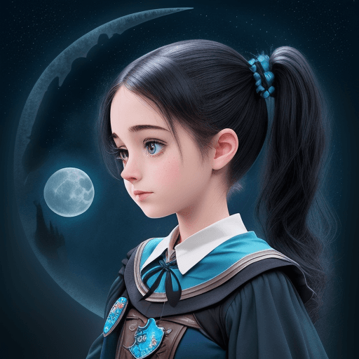 AI generated: black pigtail hair, disney style, cute, pretty, fantasy, hogwarts student, moon, magic, stars, harry...
