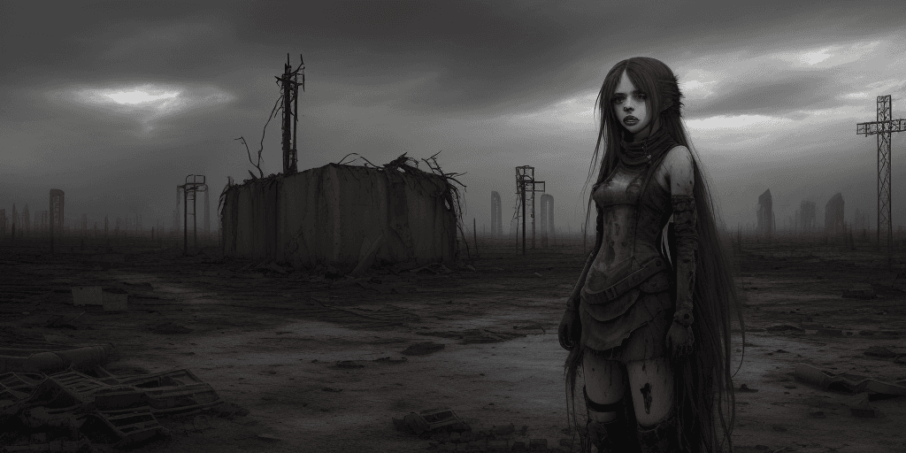 AI generated: A girl with long flowing hair stands alone in the middle of a post-apocalyptic landscape. The desola...