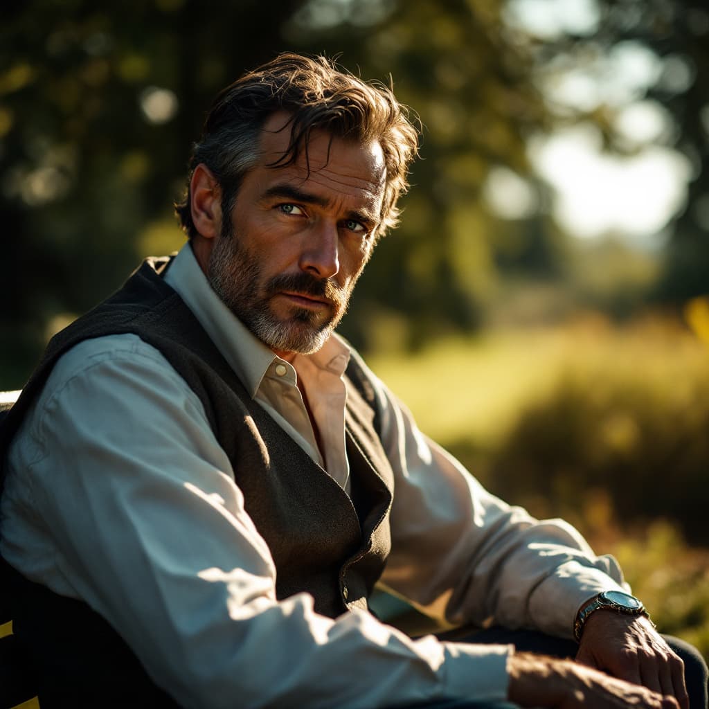 AI generated: Countryside gentleman batman shot by sofia coppola, staring at camera, sitting on a bench::Cinematic...
