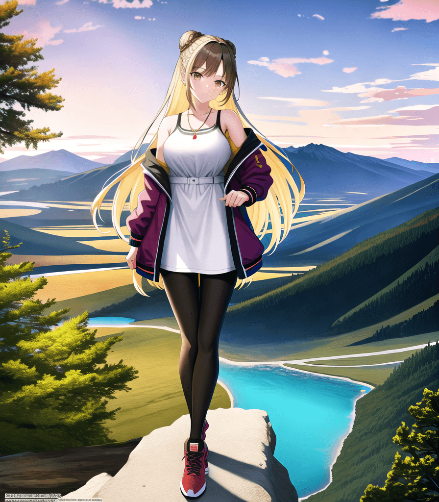 AI generated: (perfect anime illustration), 1girl, braided buns, long hair, brown hair, beautiful sky, brown eyes,...