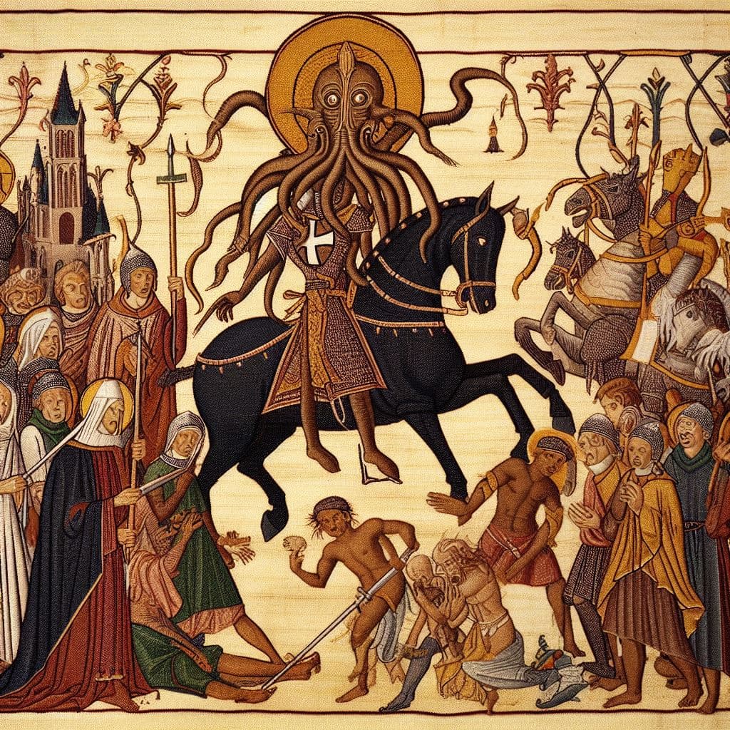 AI generated: bayeux tapestry image of knights fighting lovecraftian shoggoth while monks are praying the backgrou...