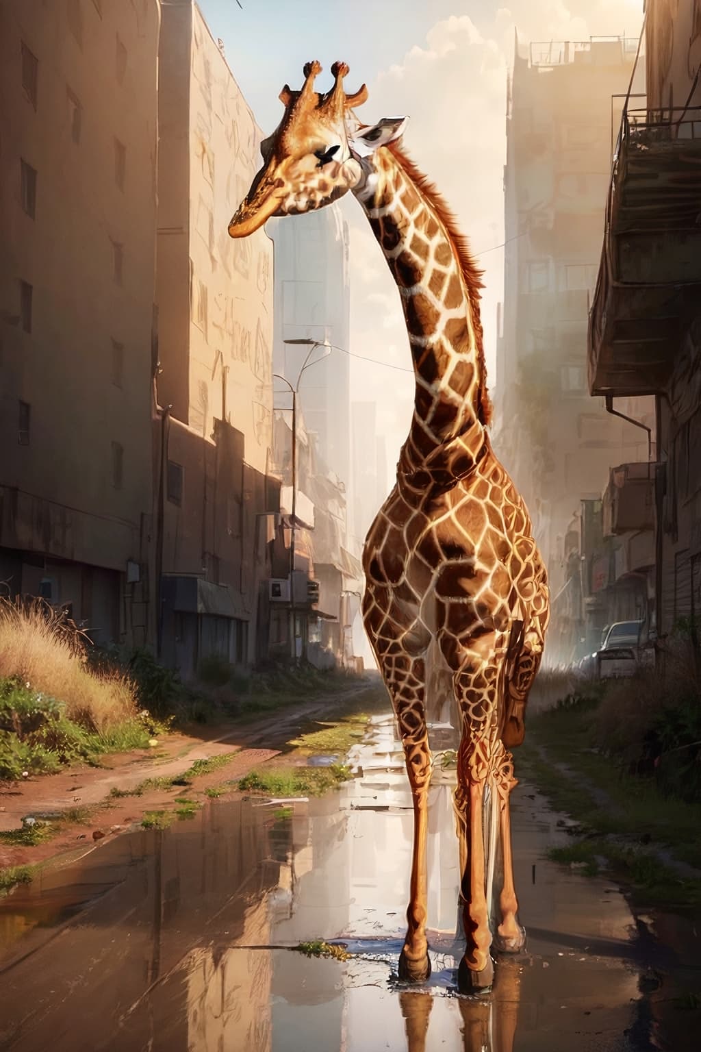 AI generated: (A beautiful Giraffe:1.4) in a dystopian post-apocalyptic colorful city overgrown with vegetation, r...