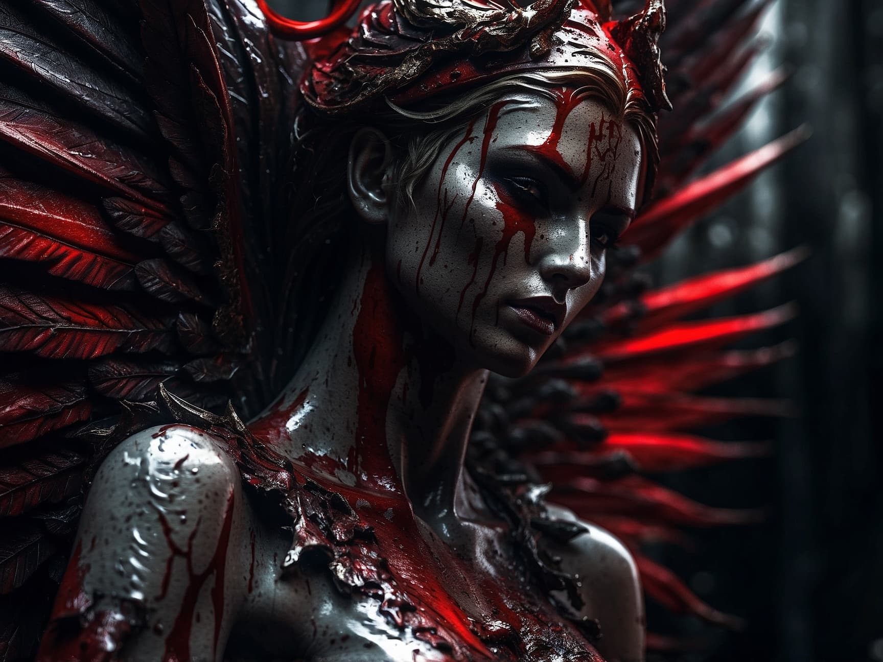 AI generated: a delicate and beautiful angel facing a hideous demon covered in blood, contrast art, art, HDR, 8k, ...