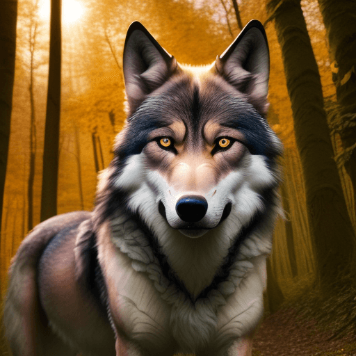 AI generated: ein junger wolf, verirrt im wald, sonnenaufgang, sieht mit süßen augen in die kamera, 